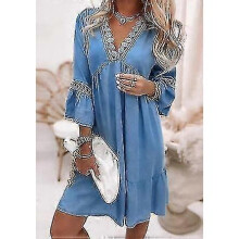 (3XL, BLUE) Women Bohemian Three Quarter Sleeve Mini Dress Loose Waist Spring Autumn Flare Sleeve V-neck Printing Ladies Princess Dress