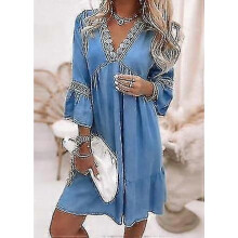 (L, BLUE) Women Bohemian Three Quarter Sleeve Mini Dress Loose Waist Spring Autumn Flare Sleeve V-neck Printing Ladies Princess Dress