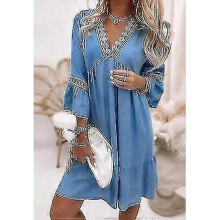 (2XL, BLUE) Women Bohemian Three Quarter Sleeve Mini Dress Loose Waist Spring Autumn Flare Sleeve V-neck Printing Ladies Princess Dress