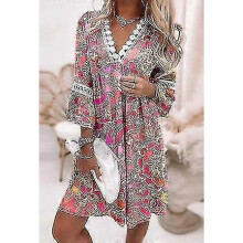 (XL, RED) Women Bohemian Three Quarter Sleeve Mini Dress Loose Waist Spring Autumn Flare Sleeve V-neck Printing Ladies Princess Dress