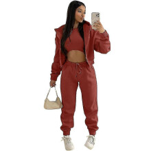 (M, Burgundy) Women's 3 Piece Padded Hooded Sweatshirt Sports Casual Outfit Tracksuit Set