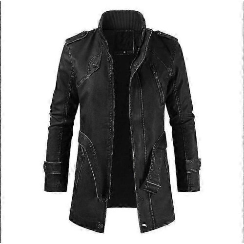(2XL, BLACK) Men Leather Coat Winter Long Leather Coat