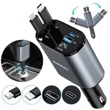 120W USB nabíjačka do auta do zapaľovača, 4 porty s výsuvnými káblami USB C, rýchle nabíjanie PD QC 3.0