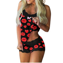 (XL, Red) Womens Sexy Printing Lace Sling Sleeveless Tank Tops Splicing Shorts Casual Set
