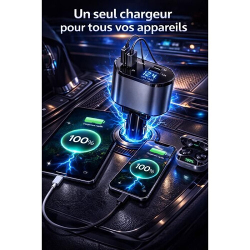 120W Retractable Car Charger USB and USB C Voltage Display Compatible with iPhone and Android