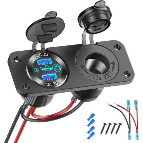 12V Marine USB Socket Panel, 12 Volt Dual USB QC3.0 and PD3.0 Car Charger, Aluminum Switch Panel Socket