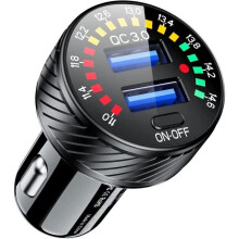 Dual Port QC3.0 USB Car Charger 36W 3A with Voltmeter and Switch for Fast Charging