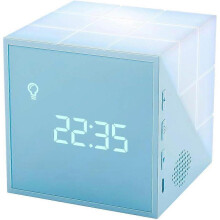 Blue LED Wooden Cube Alarm Clock, Sound-controlled LED night light Motion Sensor, Perfect for Home Office Bedside Table Desk, Elegant Digital Alarm