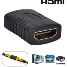 Adaptador HDMI fêmea para fêmea, conector extensor, preto, 28 x 20 x 11 mm, para uso doméstico em sistemas de áudio e vídeo.