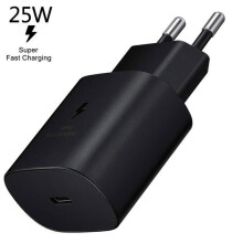 Carregador USB-C de 25 W com carregamento rápido adaptável e adaptador de parede compacto, preto.