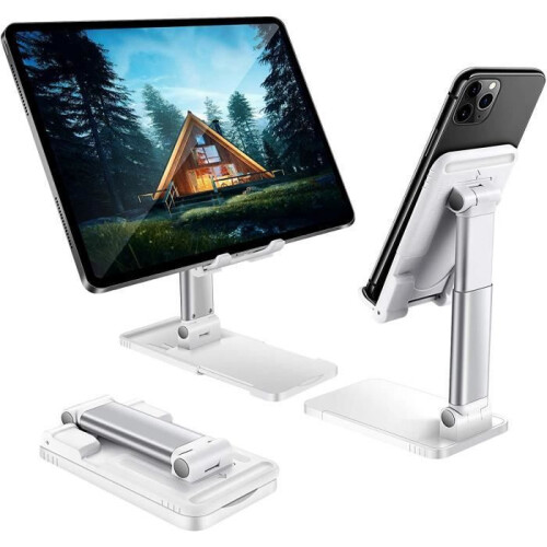 Suporte dobrável e ajustável para tablets e celulares, compacto e compatível com iPad, iPhone e dispositivos Galaxy.