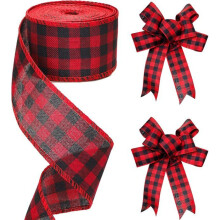 Red and Black 60 mm Plaid Christmas Jute Ribbon with Wired Edge, 6 m Roll for Holiday Crafts