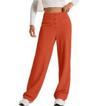 Womens High Waist Button Stretchy Pants Straight Leg Office Dress Pant Casual Trousers with Pocket Tangerine Color XXXL