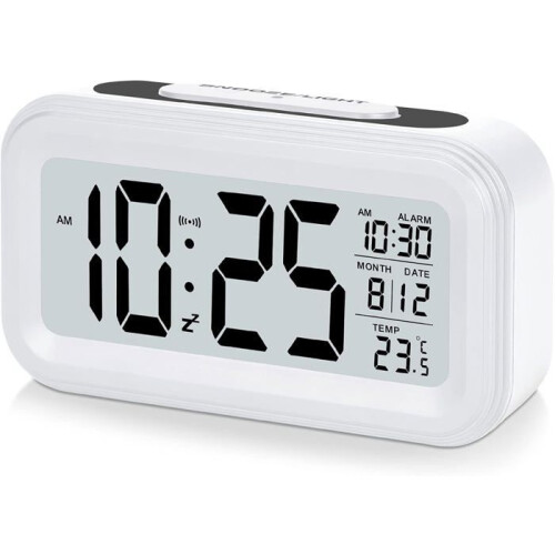 Despertador digital com visor LED de 4,3 polegadas, alimentado por bateria, função soneca, fácil de usar, branco.