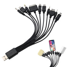 Cabo carregador universal 10 em 1 para celular com conectores de múltiplas pontas, cabo de carregamento USB compatível.