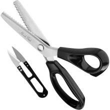 Šijacie nožnice Pinking Shears s odstrihovačom nití, celková dĺžka 22,86 cm, čierne rukoväte, ostré čepele na cikcakové stehy na látky