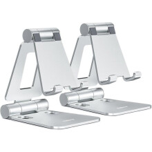 Conjunto de 2 Suportes Duplos Dobráveis para Celular, Suporte de Mesa Totalmente Ajustável, Cor Prata