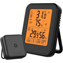 Termômetro e higrômetro digital para ambientes internos e externos com sensor externo sem fio e visor retroiluminado.