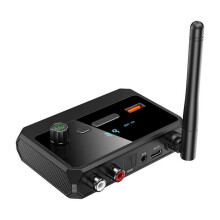 Receptor Bluetooth 5.3 com controle de volume, redução de ruído de baixa latência, entrada óptica RCA e suporte para entrada auxiliar de 3,5 mm.