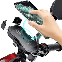 Supporto per telefono da moto con USB e caricatore QC 3.0, ricarica wireless da 15 W, rotazione a 360 gradi, per smartphone da 4 a 6,5 pollici