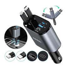 Sisäänvedettävä 4-in-1-autolaturi USB-C-kaksoisportti 80 cm nopea PD QC älykäs suojaus musta