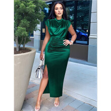 Women'S Satin High Slit Maxi Dress - Elegant Mock Neck Cap Sleeve Formal Attire Green S