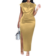Women'S Satin High Slit Maxi Dress - Elegant Mock Neck Cap Sleeve Formal Attire Gold XL