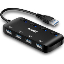 USB 3.0 -keskitin, jossa erilliset virtakytkimet ja LED-merkkivalo, 4-porttinen USB 3.0 -jakaja, musta