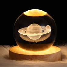 3D krištáľové LED nočné svetlo Saturn s dreveným podstavcom pre deti, dekoratívny darček do spálne s galaxiou