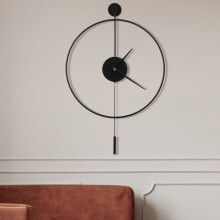 Suuri pyöreä seinäkello heilurilla, klassinen minimalistinen moderni koristeellinen hiljainen metallimuotoilu, 50 cm, musta