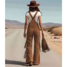 Women'S Casual Solid Color Fringe Faux Suede Adjustable Strap Wide Leg Jumpsuit Romper Caramel Brown L