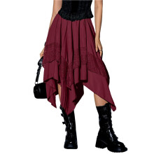 Women'S Renaissance Flowy Fairy Skirt Y2k Contrast Lace Layered Asymmetrical Midi Skirts Deep Red L