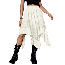 Women'S Renaissance Flowy Fairy Skirt Y2k Contrast Lace Layered Asymmetrical Midi Skirts Milky White S