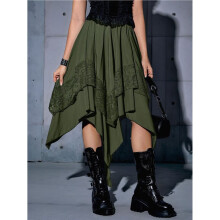 Women'S Renaissance Flowy Fairy Skirt Y2k Contrast Lace Layered Asymmetrical Midi Skirts Olive Green M