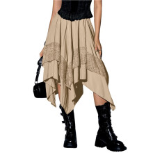 Women'S Renaissance Flowy Fairy Skirt Y2k Contrast Lace Layered Asymmetrical Midi Skirts Khaki L