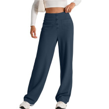 Womens High Waist Button Stretchy Pants Straight Leg Office Dress Pant Casual Trousers with Pocket Deep  L