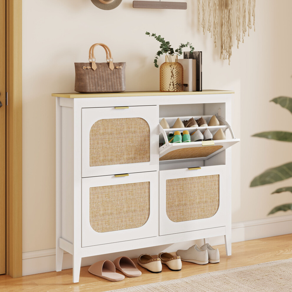 Homcom Boho Slim Shoe Cabinet With Rattan Doors, Holds 20 Pairs, White