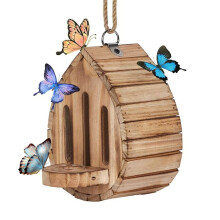 Wooden Hanging Butterfly House, DIY Natural with Feeder for Garden Butterflies and Bees Pollinator House