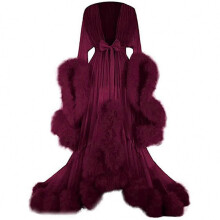(M, Wine Red) Women's Long Dress with Feather Flared Sleeves, Perfect for Bachelorette Parties