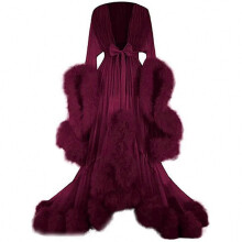 (L, Wine Red) Women's Long Dress with Feather Flared Sleeves, Perfect for Bachelorette Parties