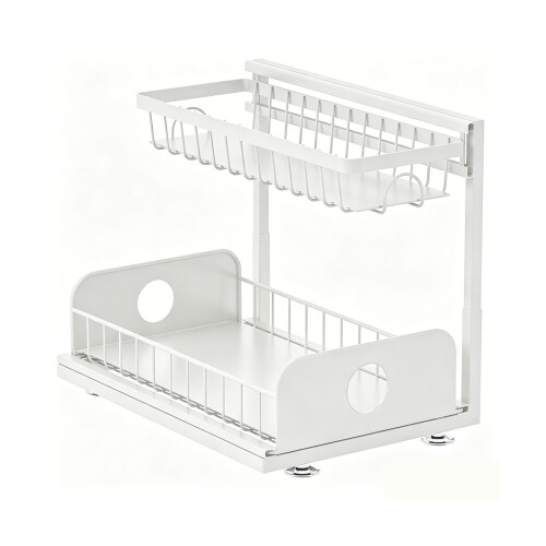 Space Saving Under Sink Rack with Sliding Basket & Rusts-White