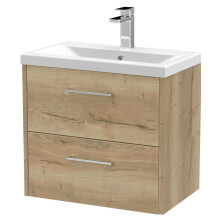 Winshill Contemporary 2 Drawer Wall Hung Vanity Unit with Mid-Edge Basin, Light Oak, 600mm