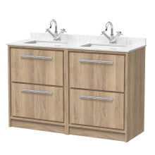 Longnor 4 Drawer Floor Standing Vanity Unit with Square Basin and Marble Worktop, Light Oak, 1200mm