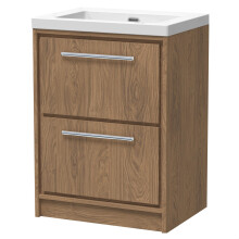 Longnor 2 Drawer Floor Standing Vanity Unit with 1 Tap Hole Modern Fireclay Basin, Antique Oak, 600mm