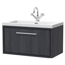 Longnor 1 Drawer Wall Hung Vanity Unit with 1 Tap Hole Modern Fireclay Basin, Woodgrain Graphite Grey, 800mm