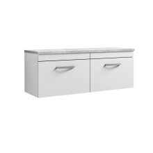 Millwich Contemporary 2 Drawer Wall Hung Vanity Unit with Laminate Black Galaxy Granite Worktop, Gloss White, 1200mm