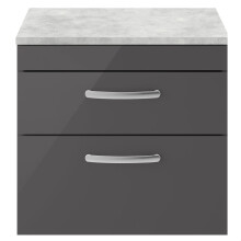 Millwich Contemporary 2 Drawer Wall Hung Vanity Unit with Laminate Black Galaxy Granite Worktop, Gloss Grey, 600mm