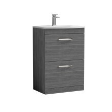 Millwich Contemporary 2 Drawer Floor Standing Vanity Unit with Curved Basin, Anthracite Woodgrain, 600mm