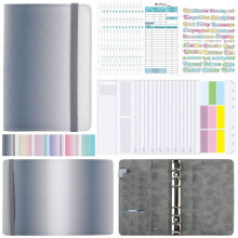 A6 Gradient Macaron Binder Hand Ledger Notebook Leather PU Loose-Leaf Book Cash Budget Book with Zip Bag, Grey