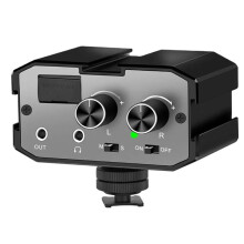 DSLR Audio Adapter Microphone Audio Mixer Adapter with Real- Monitoring Dual Channels 3.5mm Port Camera Mixer